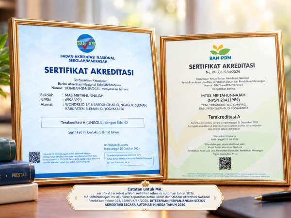 Terakreditasi A (Unggul), Ini Sertifikat Akreditasi MTs dan MA Miftahunnajah